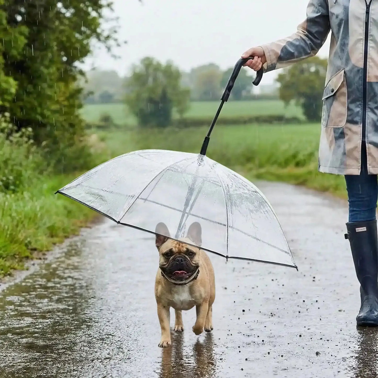 Un bouledogue français avec son maître tient l'accessoire pour chien PluiVio : parapluie pour chien.