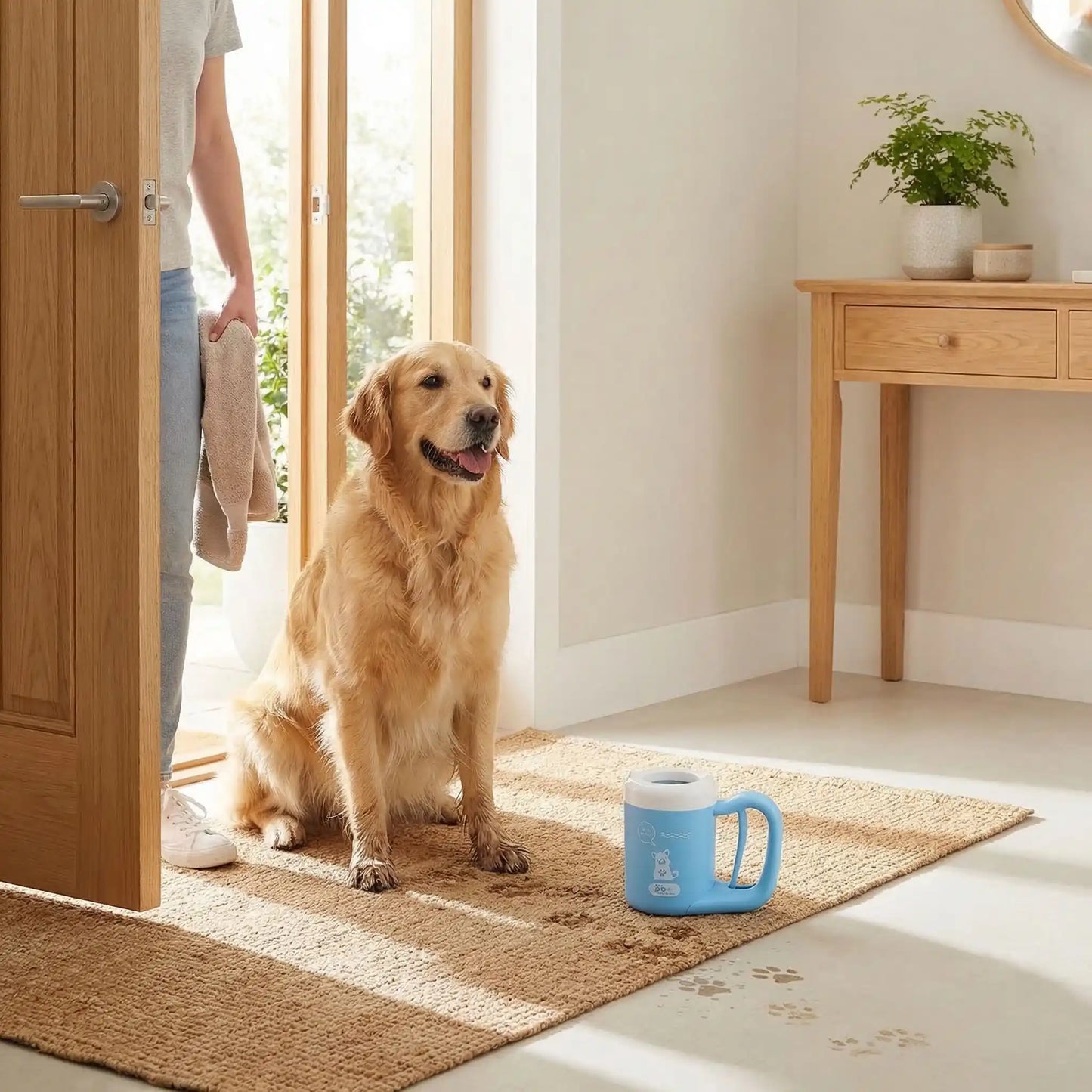 Un golden retriever à la porte, les pattes sales, avec des accessoires pour chiens pour laver ses pattes à l'entrée.