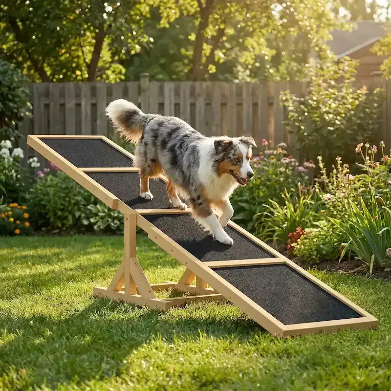 Un berger australien sur une rampe d'agility pour chiens dans l'arrière-cour .