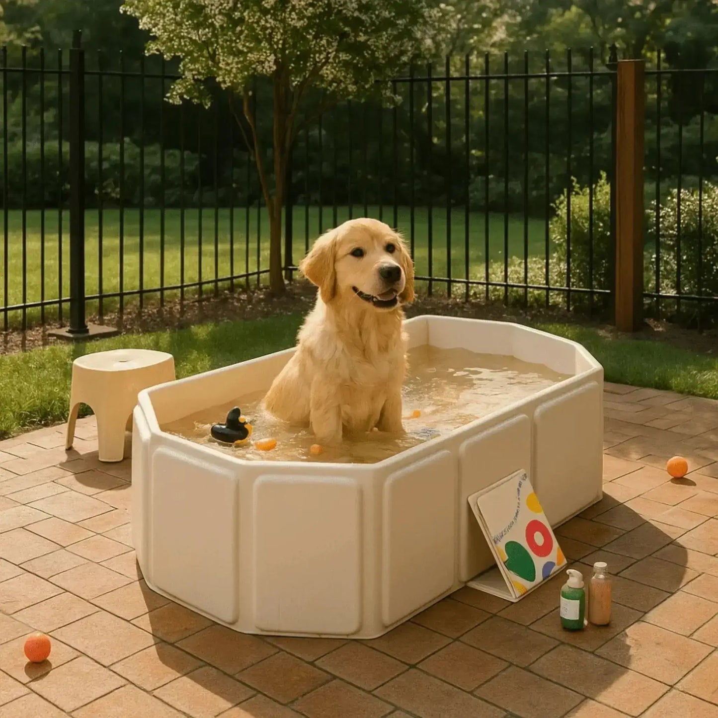Un chiot golden retriever joue dans une baignoire pour chien beige dans l'arrière-cour.