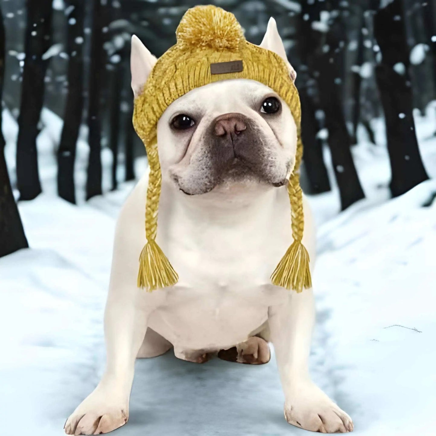 Un bouledogue français blanc dans une forêt en hiver avec son bonnet pour chien jaune.