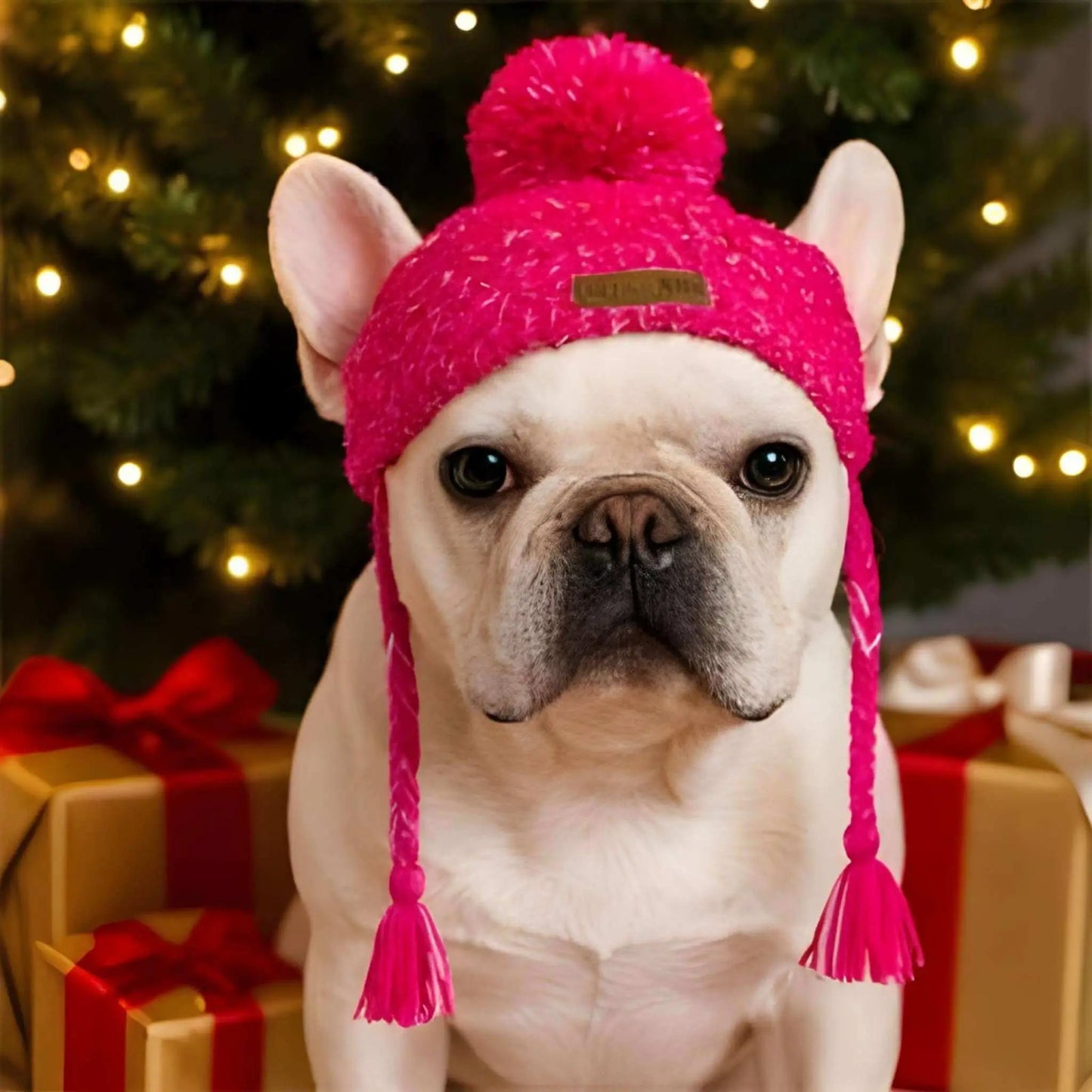 Un bouledogue français assis au pied du sapin de Noël vêtu de son bonnet pour chien rouge.