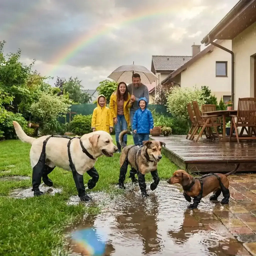 Une famille sous la pluie dans l'arrière-cour avec des chiens qui portent des bottes pour chien noir.
