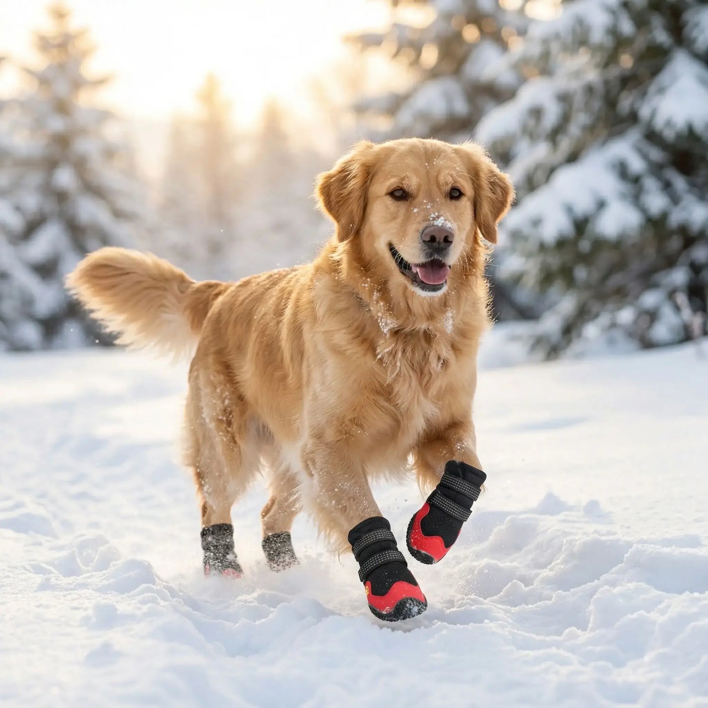 Un golden retriever court dans la neige avec sa bottine pour chien rouge.