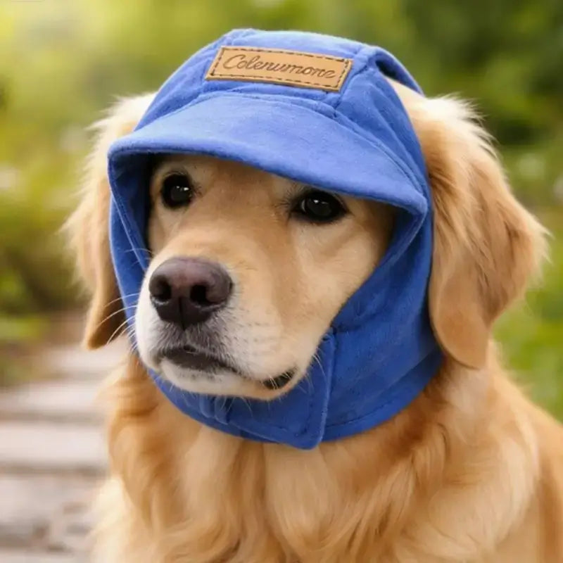 Un golden retriever avec une casquette pour chien bleu.