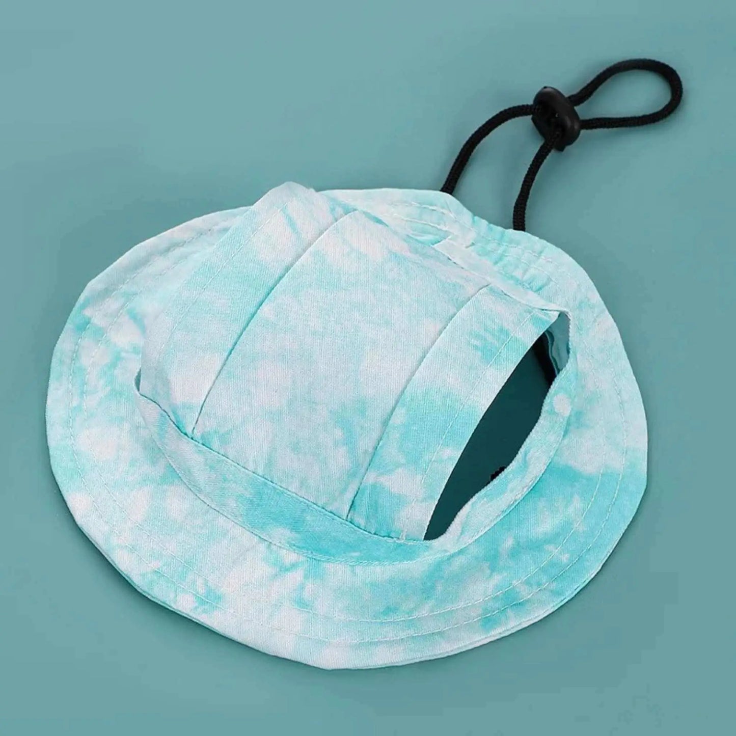 Une casquette pour chien de couleur turquoise.