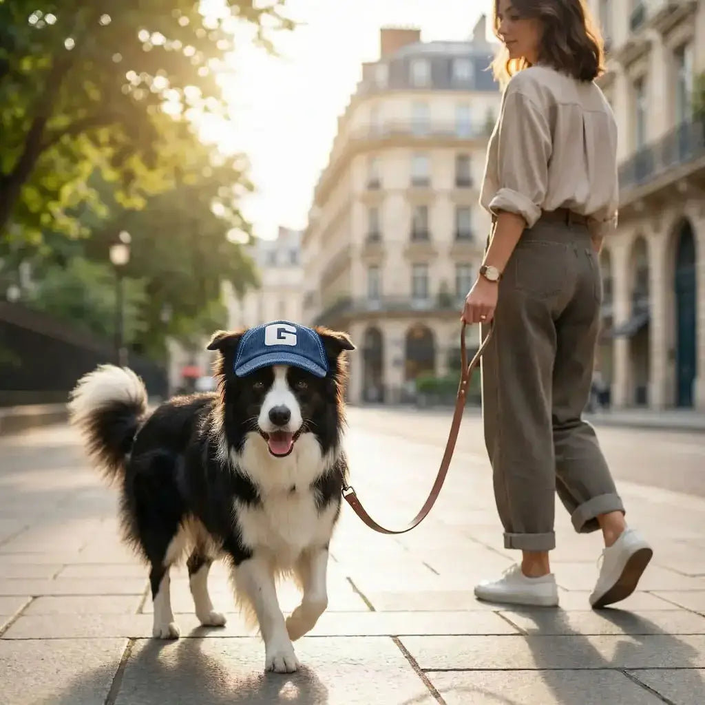 Une femme marche sur le trottoir avec son border collie en laisse avec sa casquette pour chiens bleue.