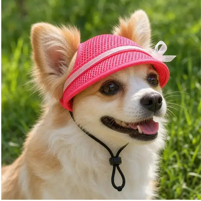 Un poméranien porte un chapeau pour chien de couleur rouge rose.