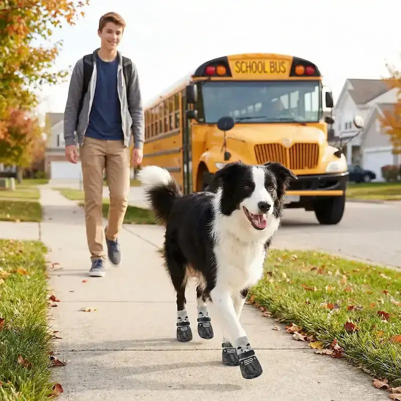 Un étudiant sort de l'autobus, marche avec son border collie qui porte une chaussette pour chien noire.