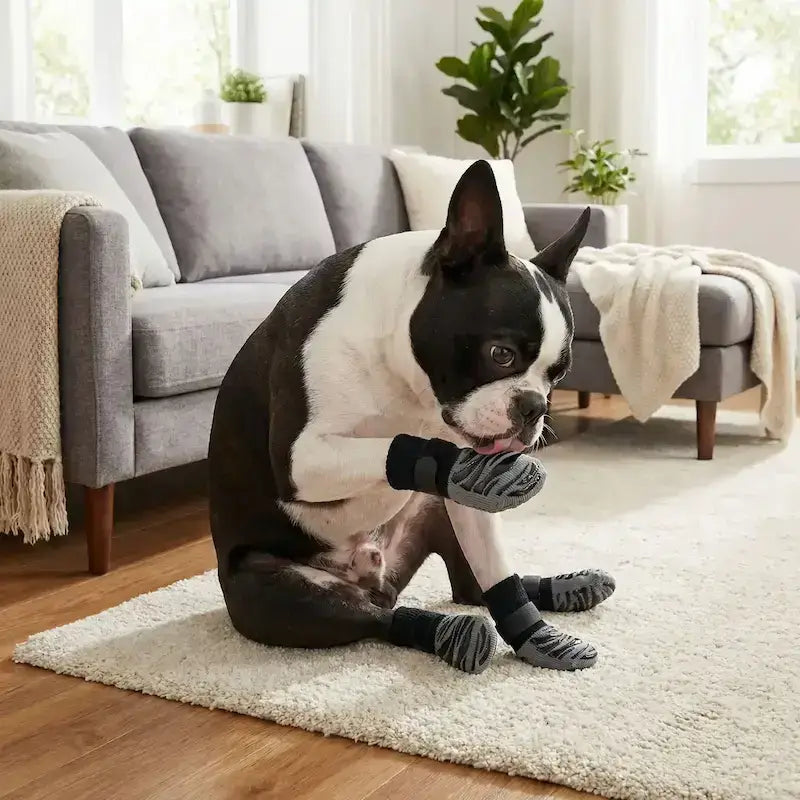 Un Boston terrier assis dans un salon se lèche les pattes mais il porte des chaussettes pour chien gris et noir.