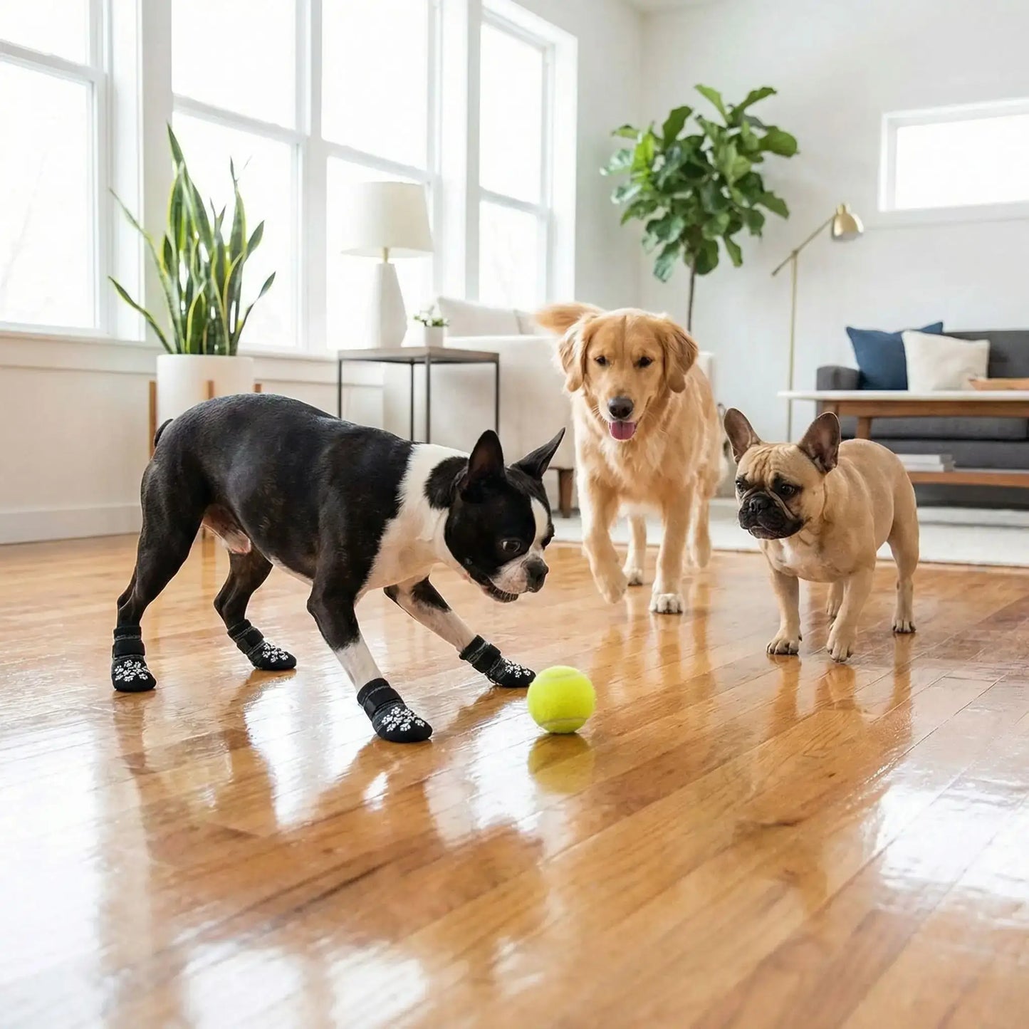 Un Boston terrier joue avec d'autres chiens dans le salon avec ses chaussons pour chien noirs.