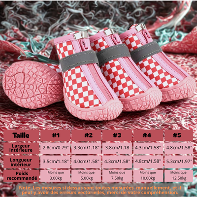 chaussure chien rose damien avec tableau grandeur.