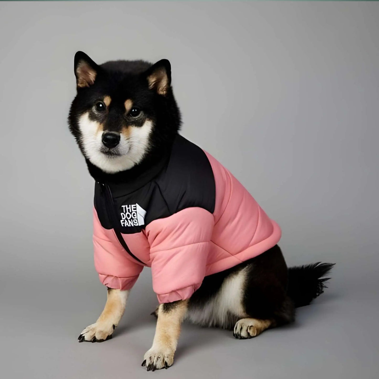 Un chien vêtu d'un manteau rose, un shiba inu assis.