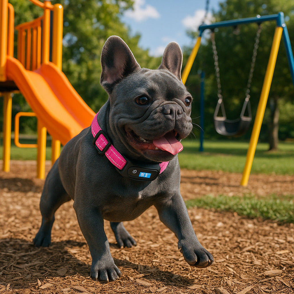 collier anti aboiement bouledogue francais bleu 
 parc amusement avec collier