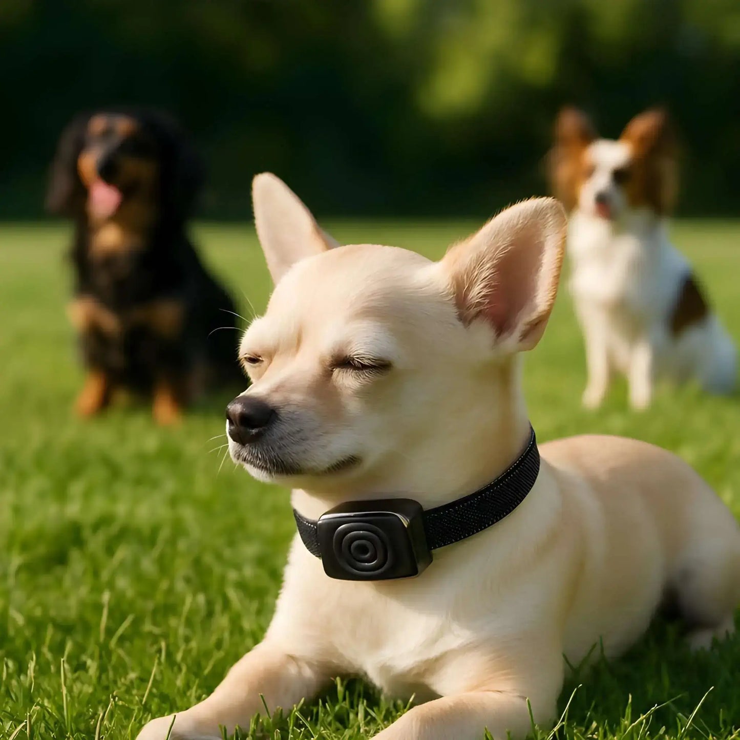 Chihuahua couché sur une pelouse avec un collier anti aboiement Muteur.