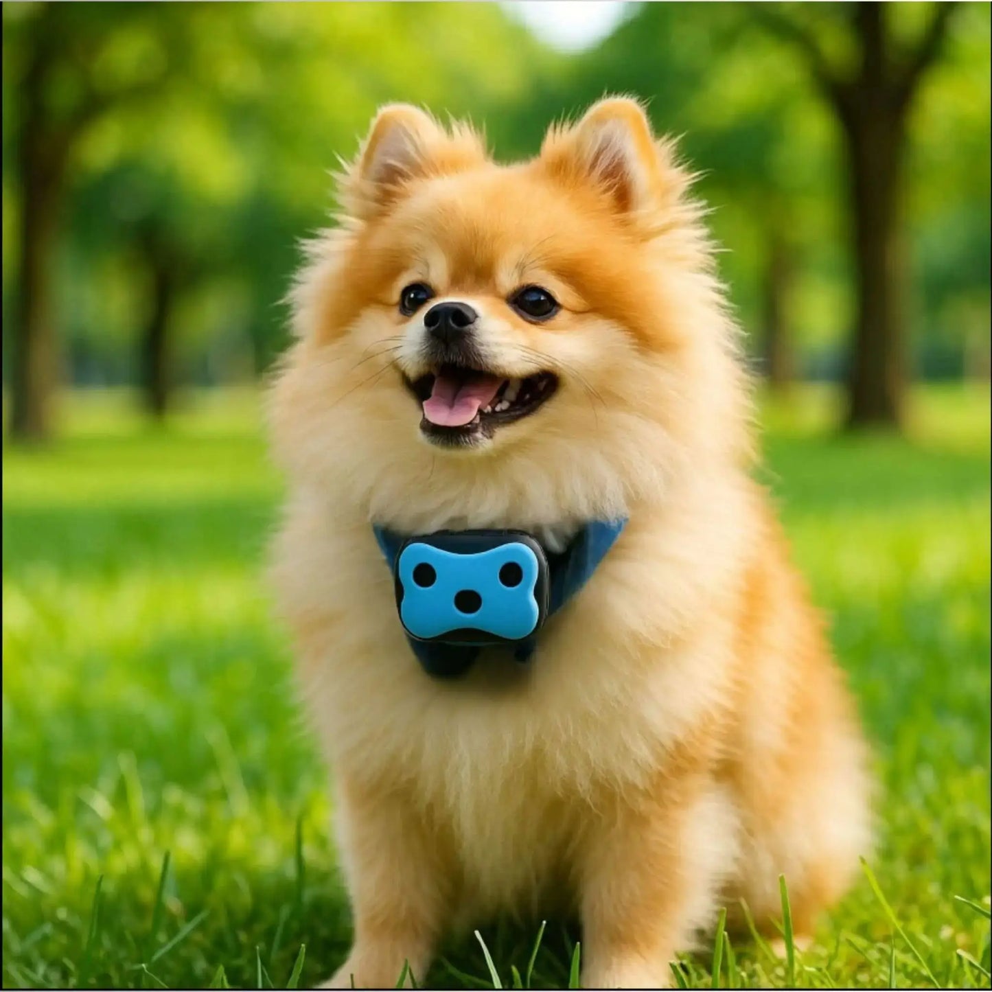 Un poméranien assis sur une pelouse avec son collier anti-fugue pour chien bleu.