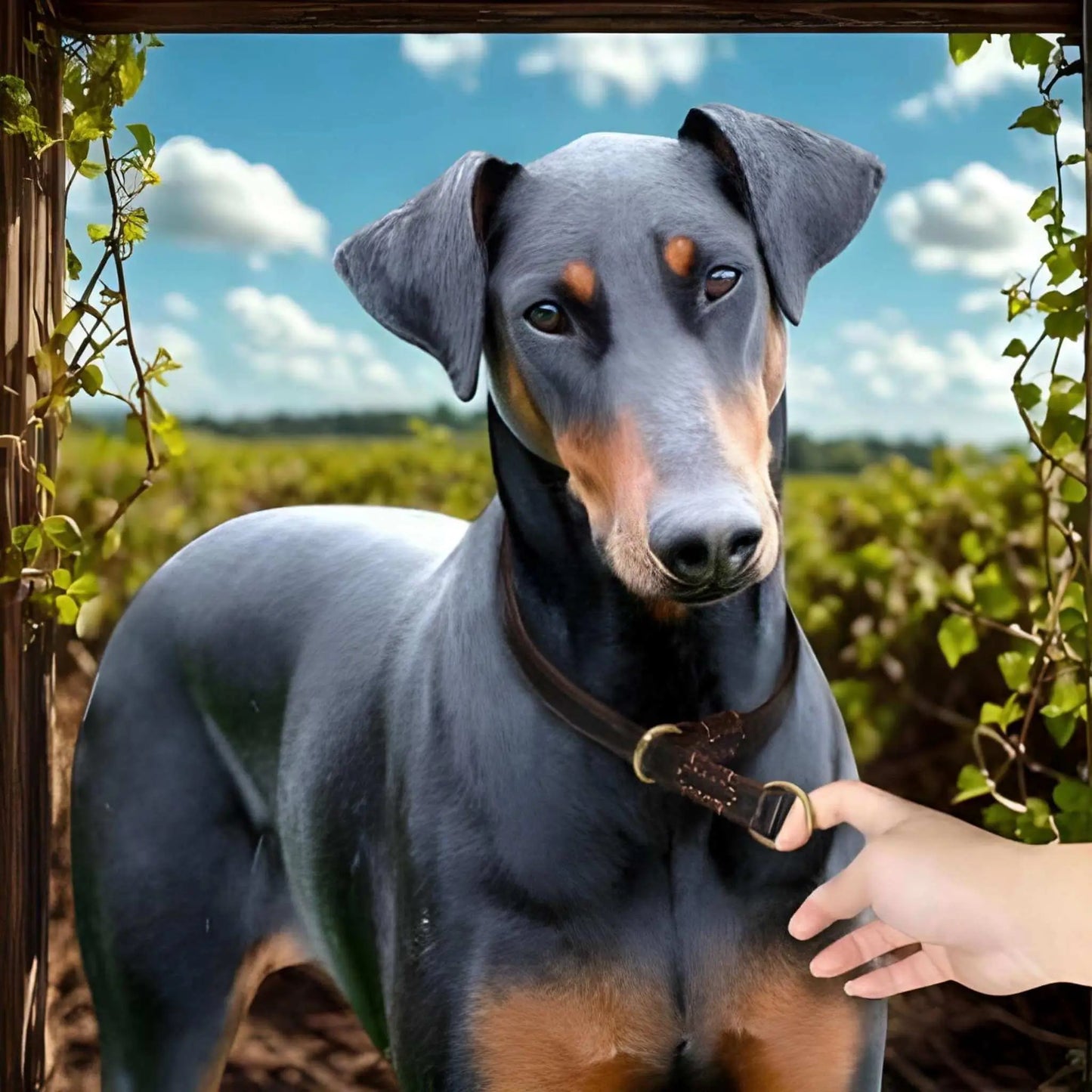 Un doberman dans un vignoble avec son collier chien cuir véritable tenu par son maitre.