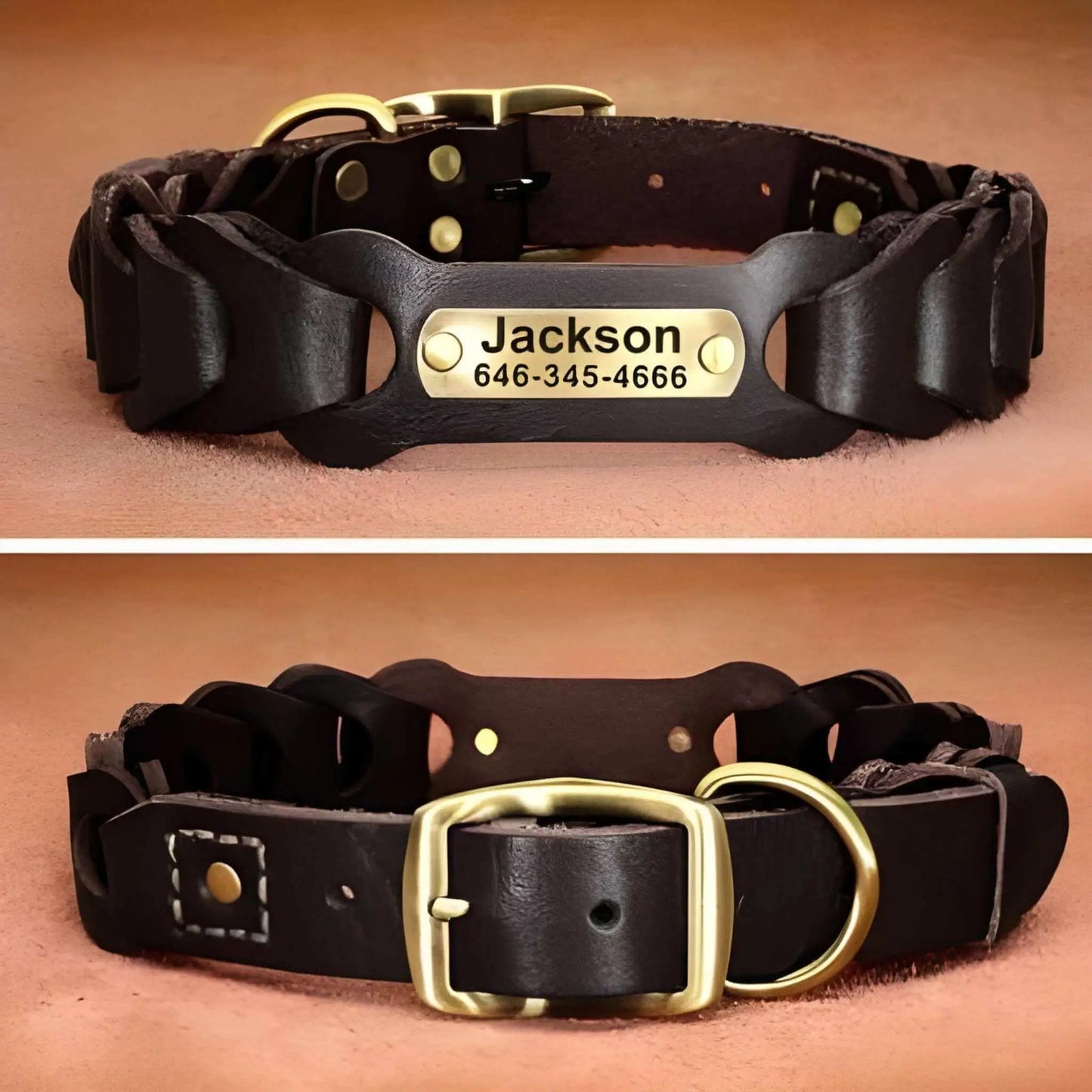 Un collier chien en cuir véritable vu de face et de dos de couleur noire.
