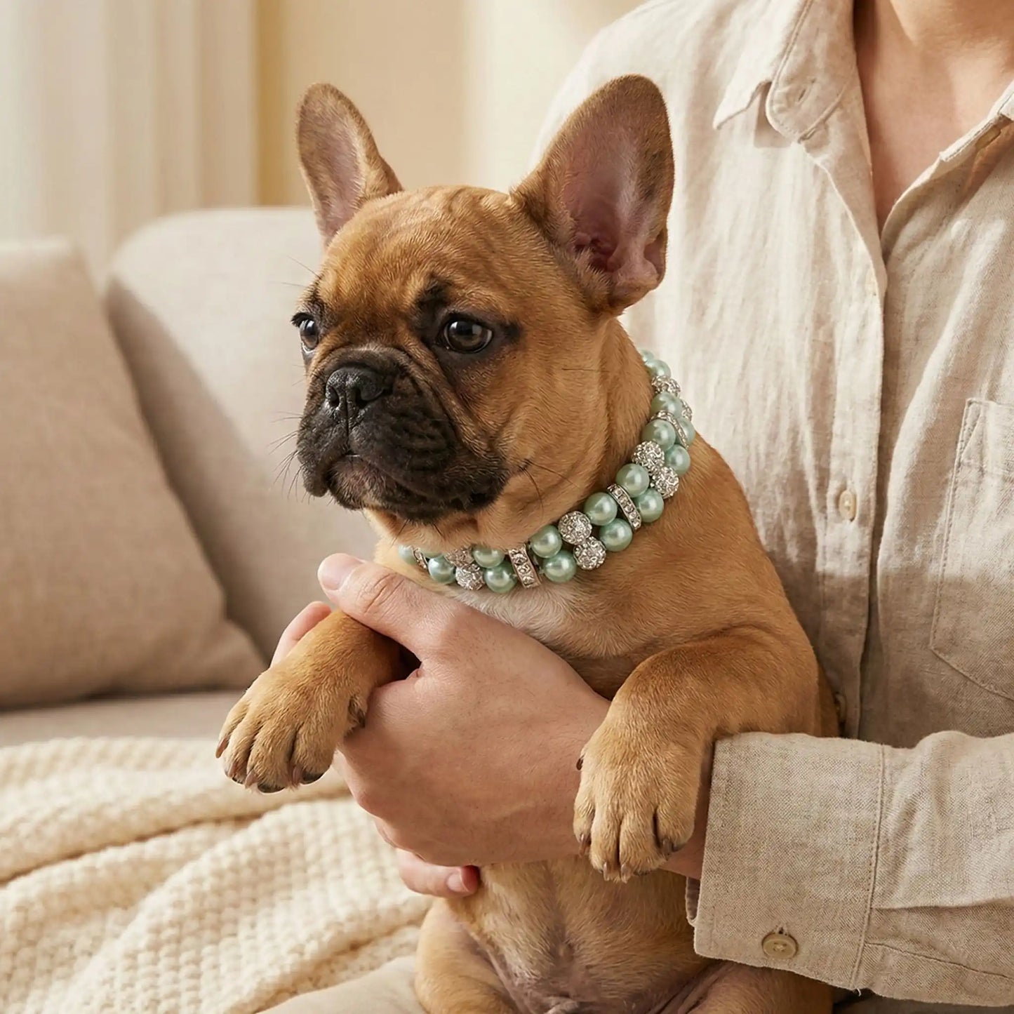 Un chiot bouledogue français assis sur les genoux de son maître porte un collier pour chien fantaisie Saphitra vert.