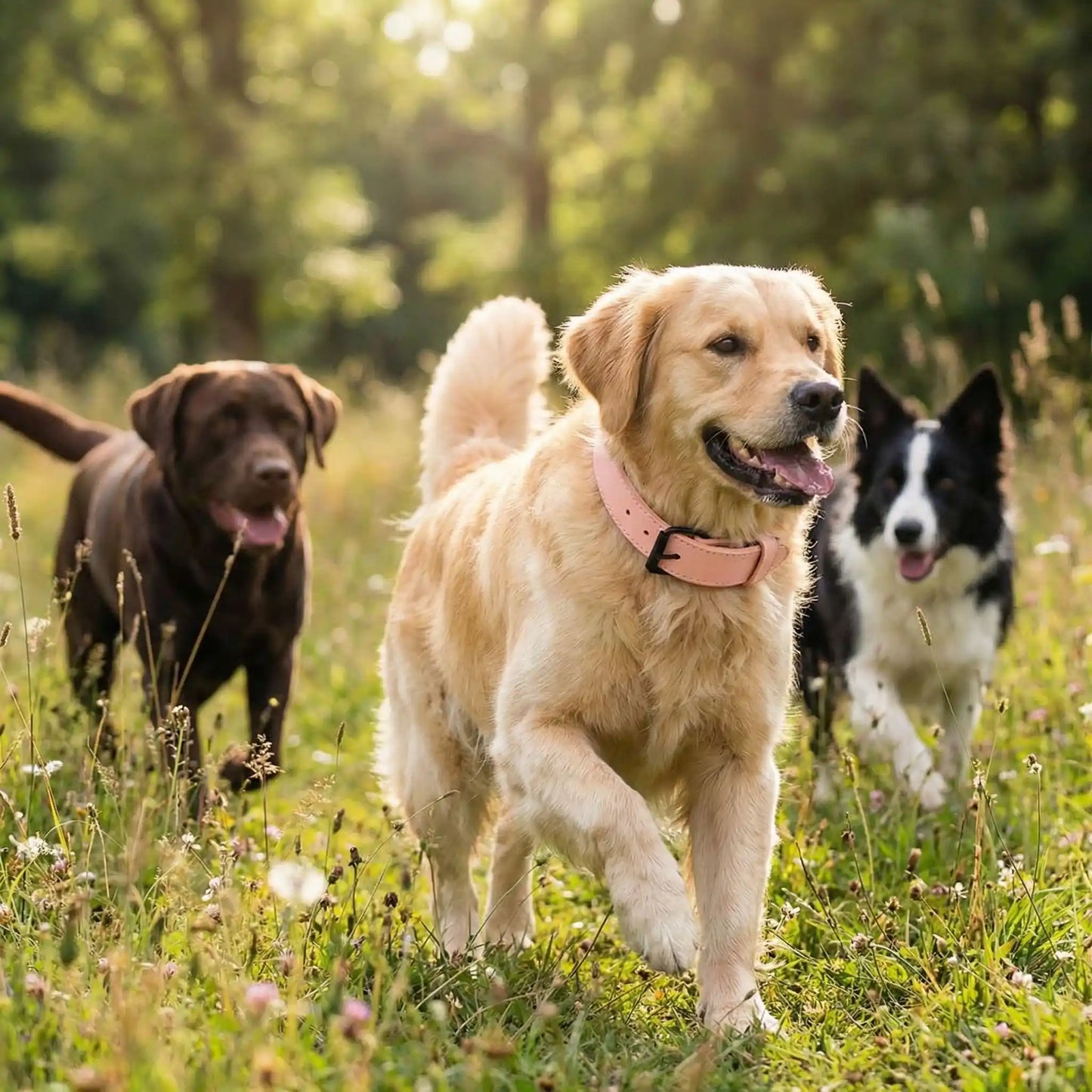 Un golden retriever marche dans un champ avec d'autres chiens avec son collier pour chien réfléchissant rose.