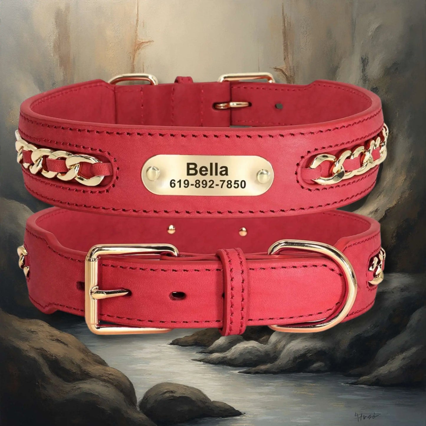 Un collier en cuir pour chien de couleur rouge.