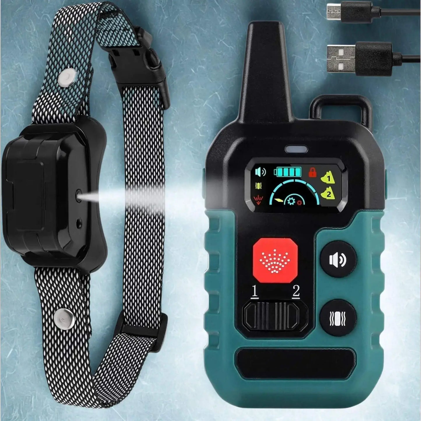 Un collier de dressage pour chien, pulvérisateur avec manette et fil.