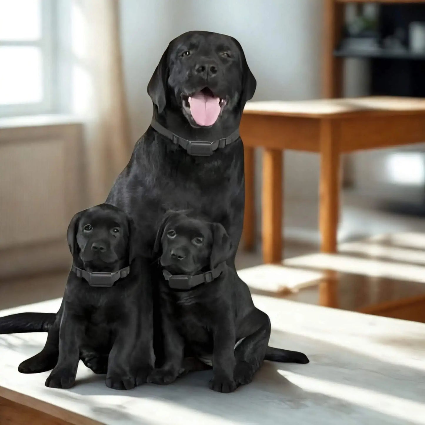 Une maman labrador avec ses deux chiots noirs assis en avant elle dans un bureau.