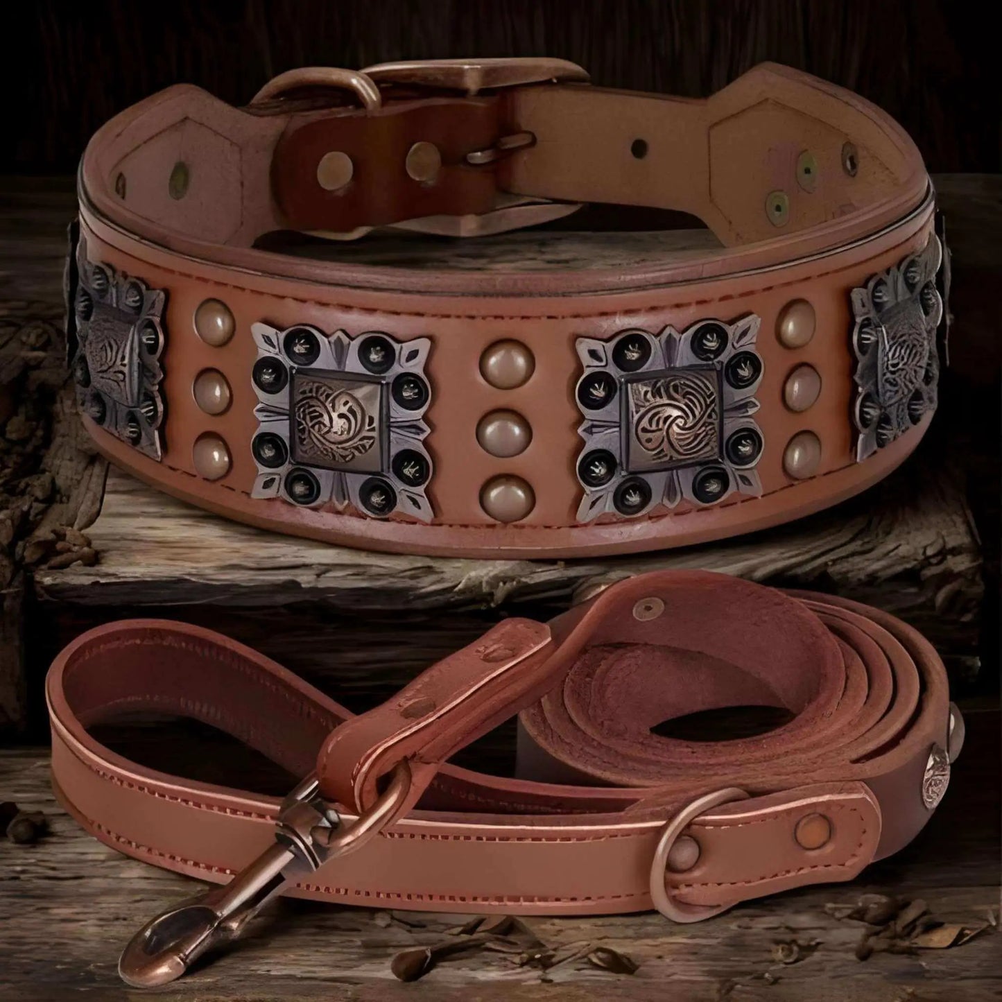 Visuel de l'ensemble laisse et collier en cuir pour chien brun avec ornement en métal.