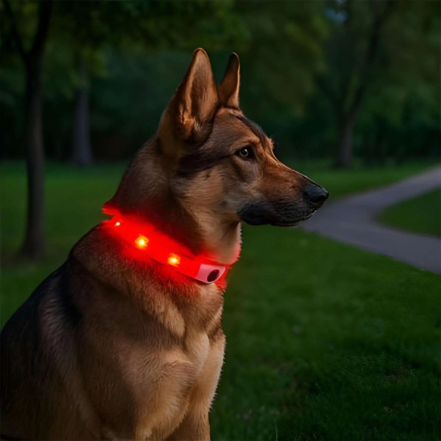 Un berger allemand la nuit avec son collier lumineux chien rouge.
