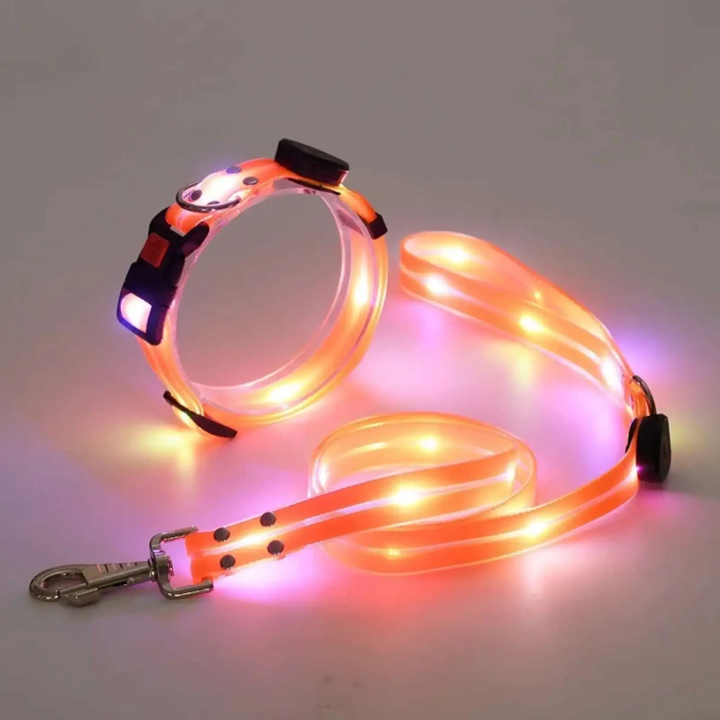 Une laisse et un collier lumineux pour chien de couleur orange.