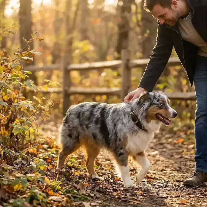 Un homme caresse son berger australien qui porte le collier pour petit chien en cuir.