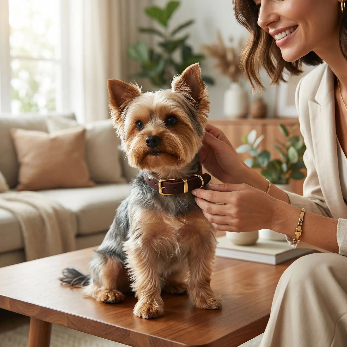 Une femme dans un salon avec son yorkshire sur la table qui porte le collier pour petit chien en cuir marron.