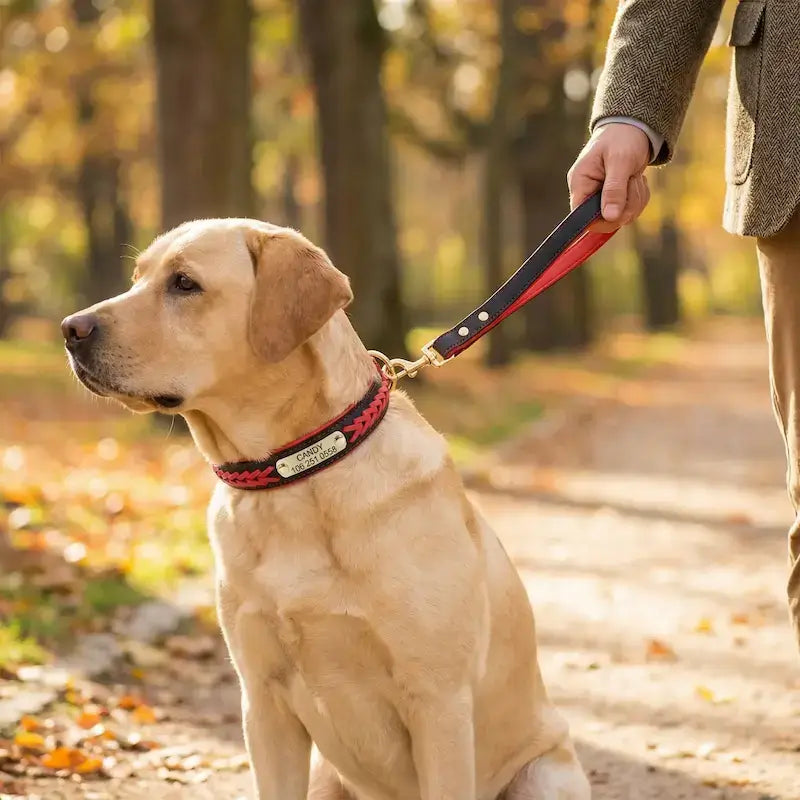Un labrador en laisse avec son maître porte le collier pour chien personnalisable rouge.