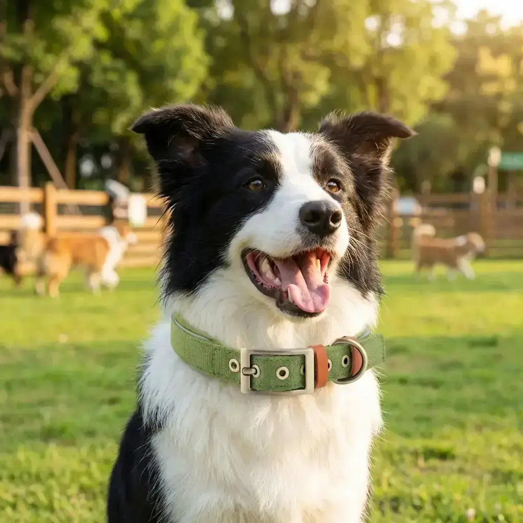 Un border collie dans un parc à chiens porte le collier pour chien réfléchissant vert.