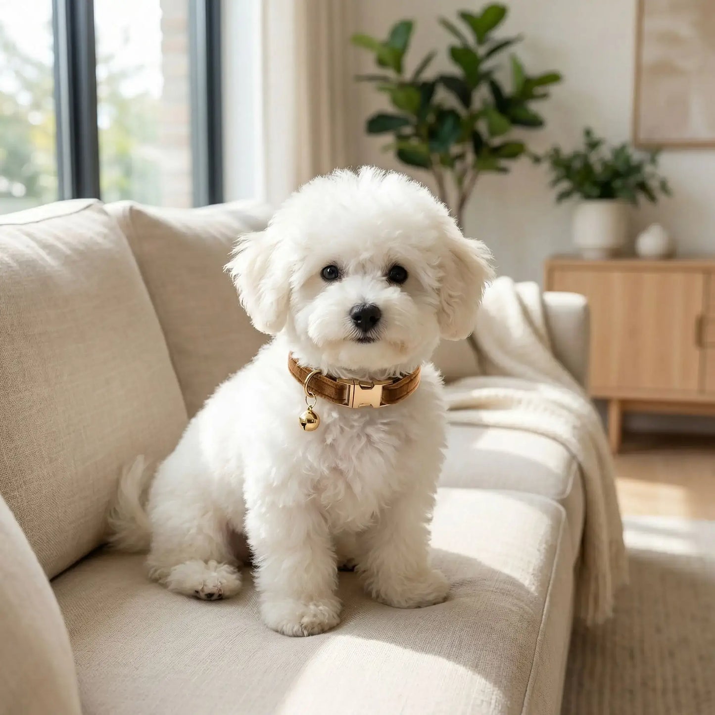 Un bichon frisé assis sur un sofa porte un collier pour chiot marron.