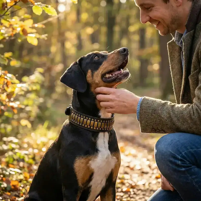 Un homme caresse son pinscher autrichien qui porte les colliers en cuir pour chiens avec ornement or.