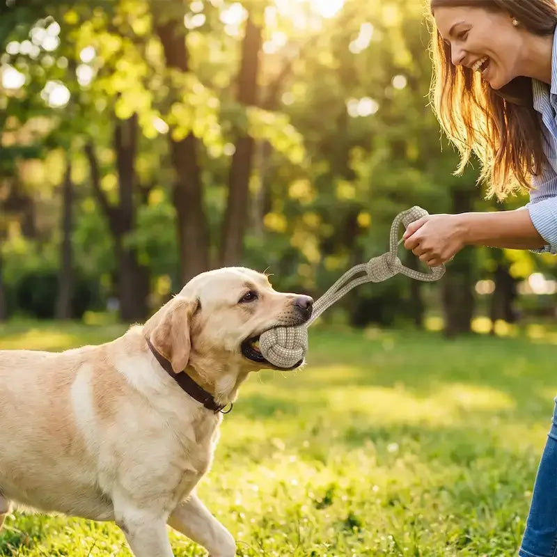 Une femme avec son labrador joue à tirer la corde pour chien, un jouet.