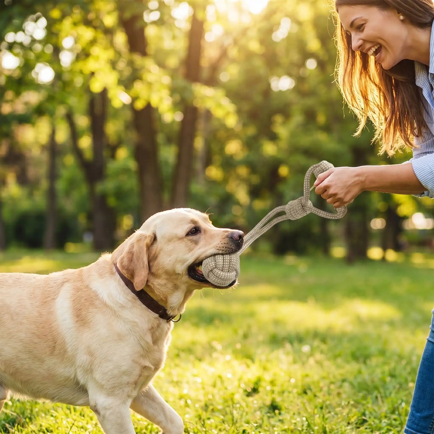 Une femme avec son labrador joue à tirer la corde pour chien jouet.