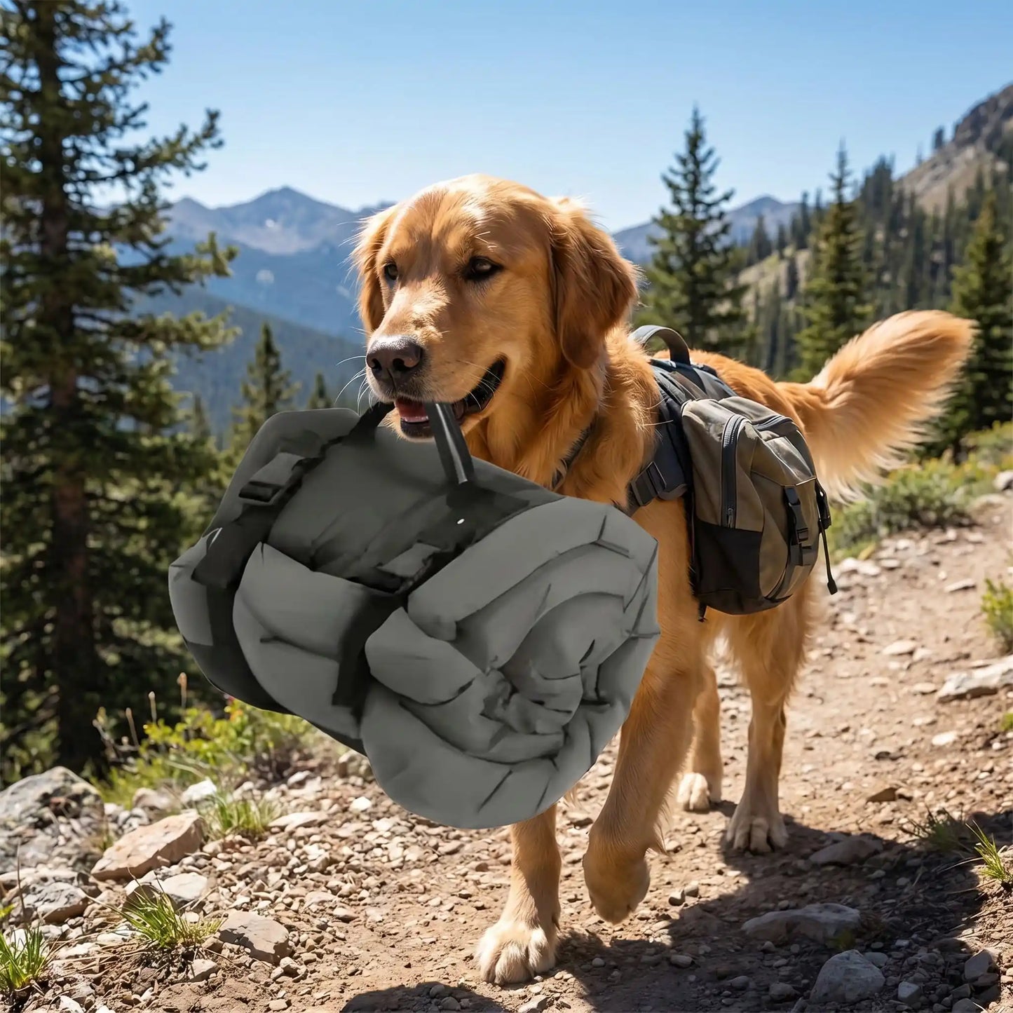 Un golden retriever en aventure dans les montagnes transporte son couchage pour chien.