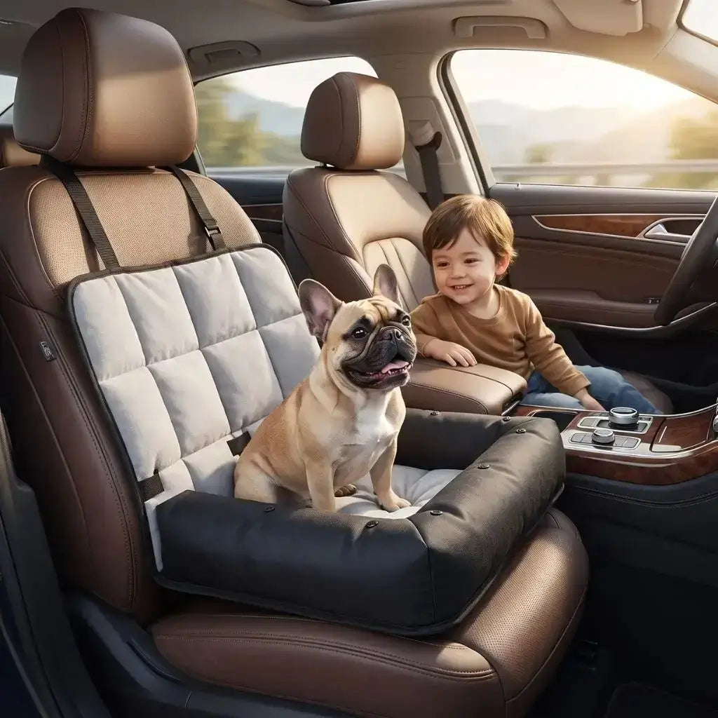 Un garçon avec un bouledogue français assis sur son coussin pour chien de voiture noir.