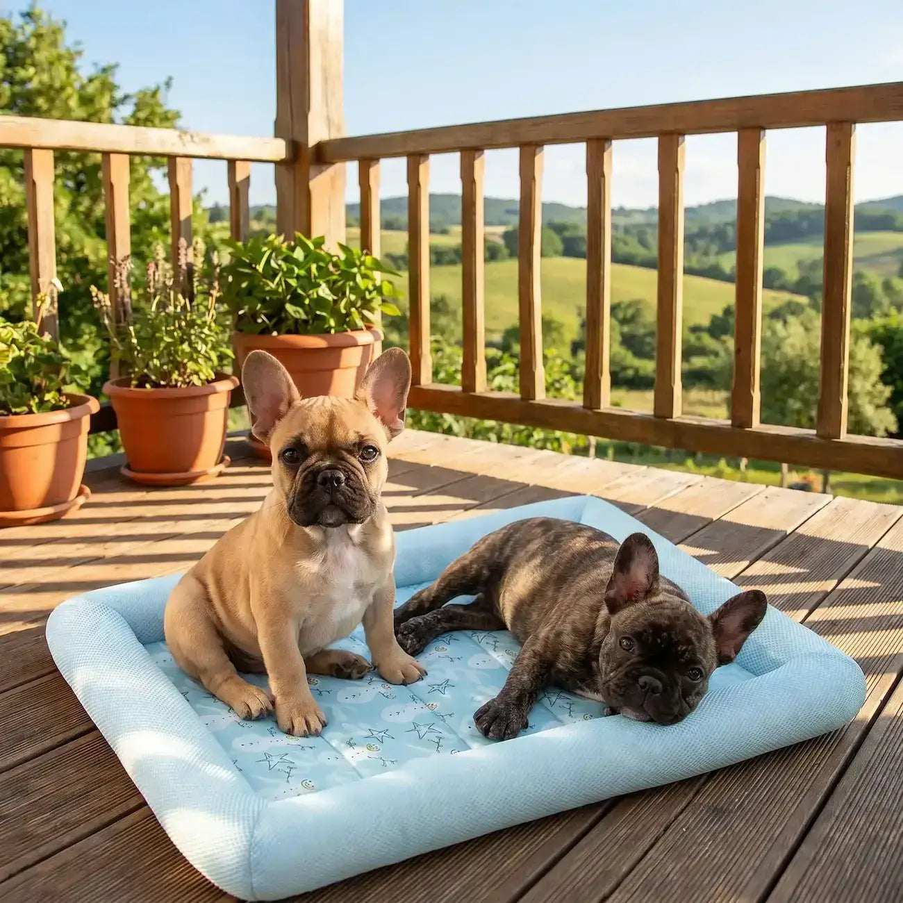 Deux chiots bouledogue français sur un balcon en campagne sont allongés sur un coussin rafraichissant pour chien bleu.