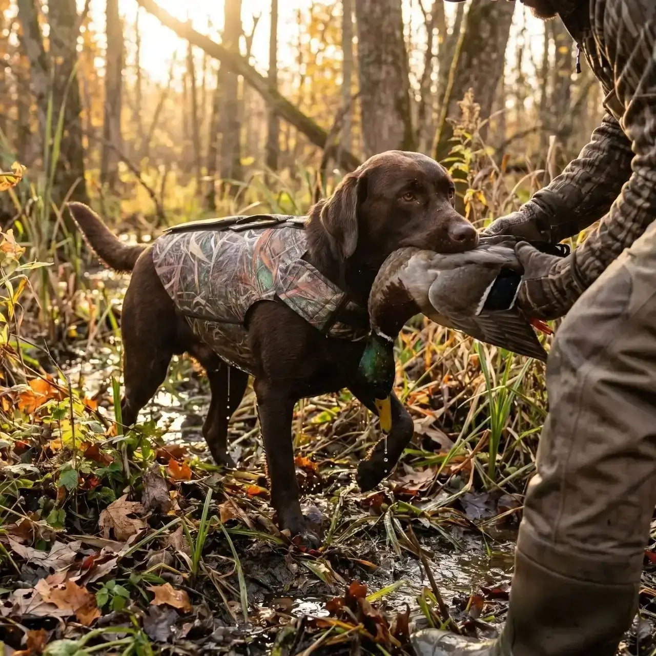 Un labrador rapporte un canard à son maître dans la forêt, porte le gilet de protection pour chien de chasse.