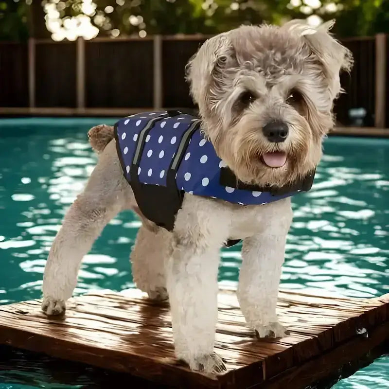 Un bichon maltais sur le bord d'une piscine avec son gilet de sauvetage pour chien bleu à pois.
