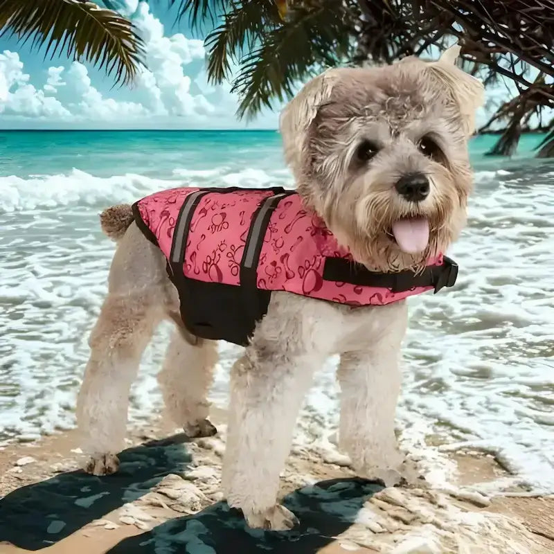 Un bichon maltais sur la plage avec son gilet de sauvetage pour chien rose imprimé.