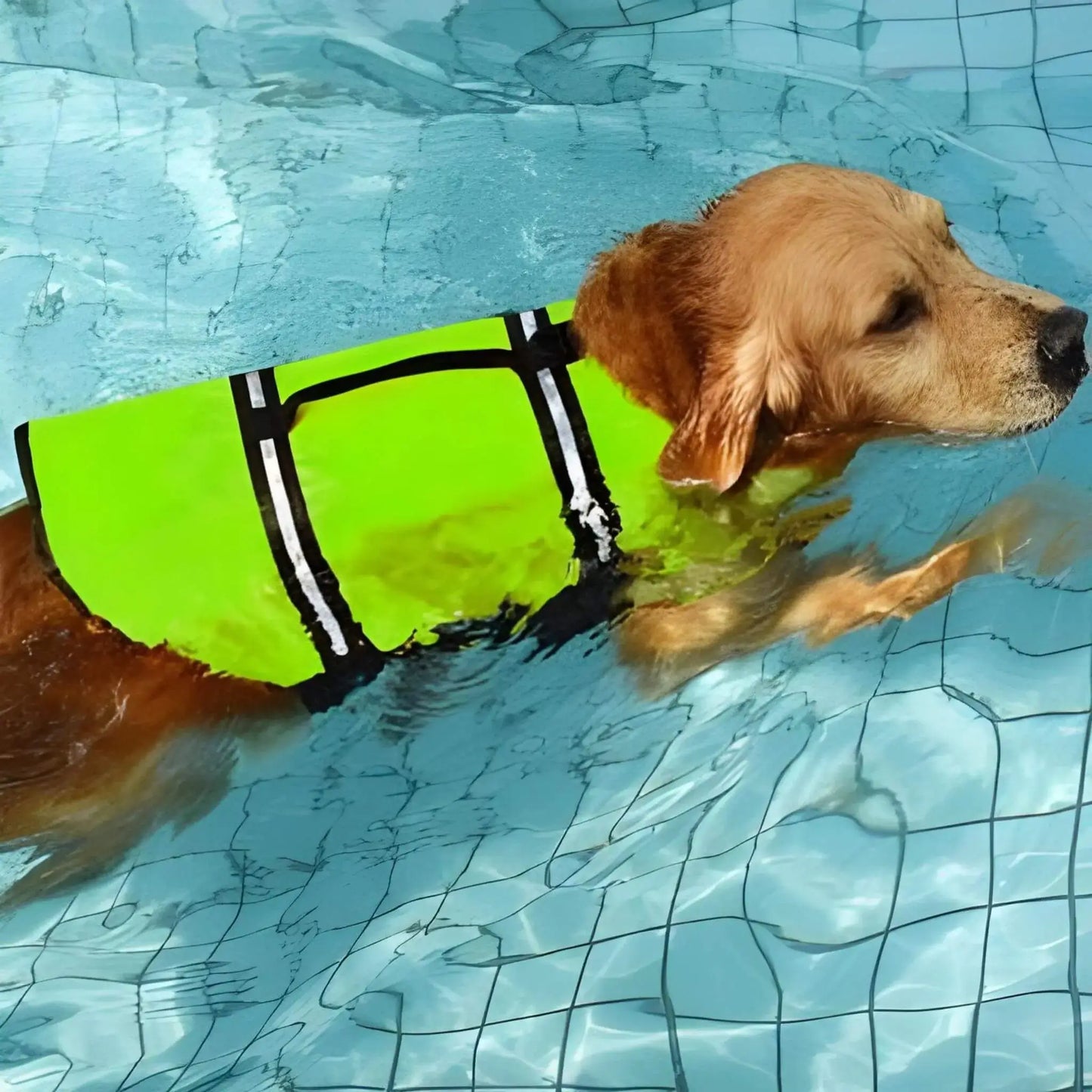 Un golden retriever blond nage dans une piscine avec son gilet de sauvetage de couleur vert fluo.