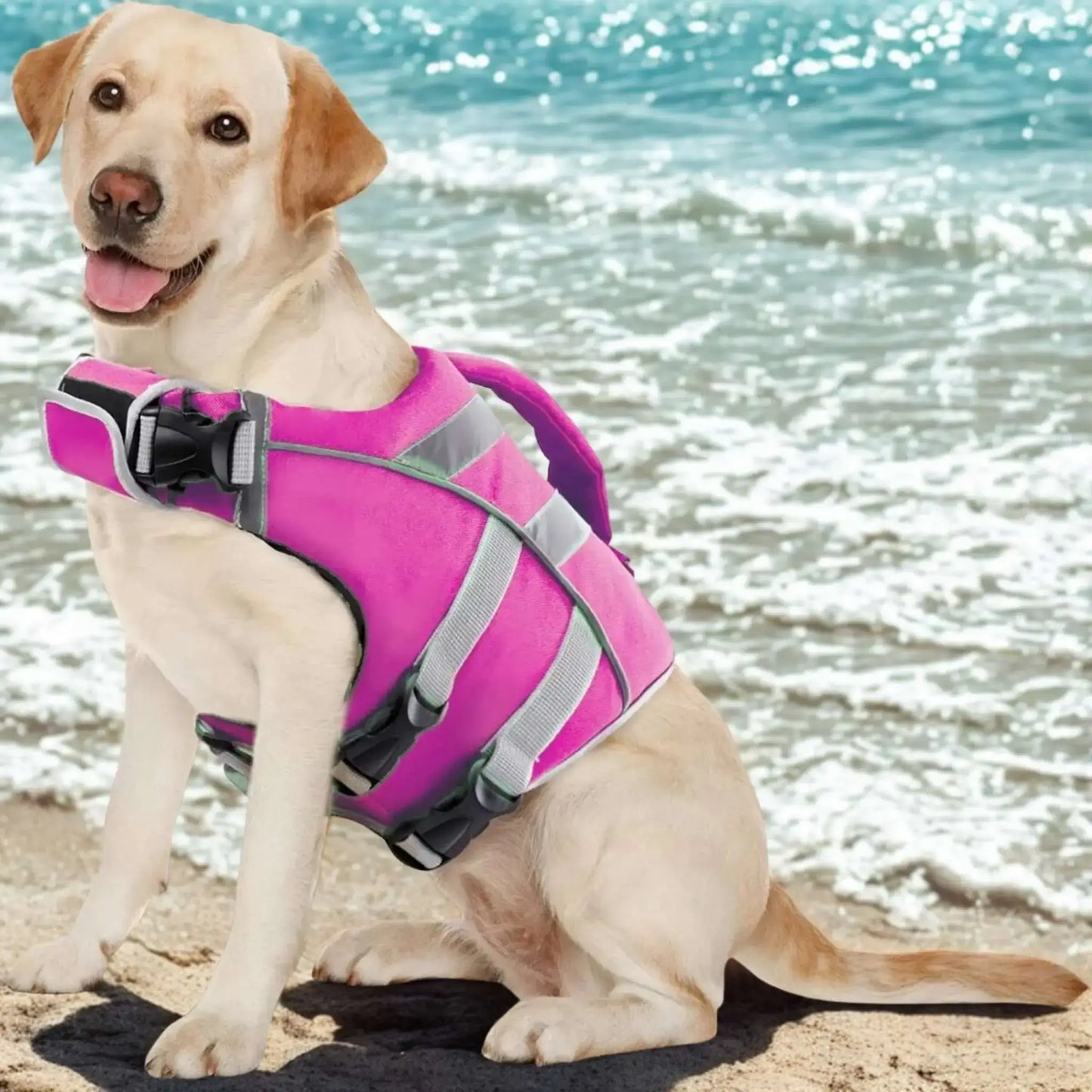 Un labrador à la plage est vêtu d'un gilet de sauvetage pour chien rose.