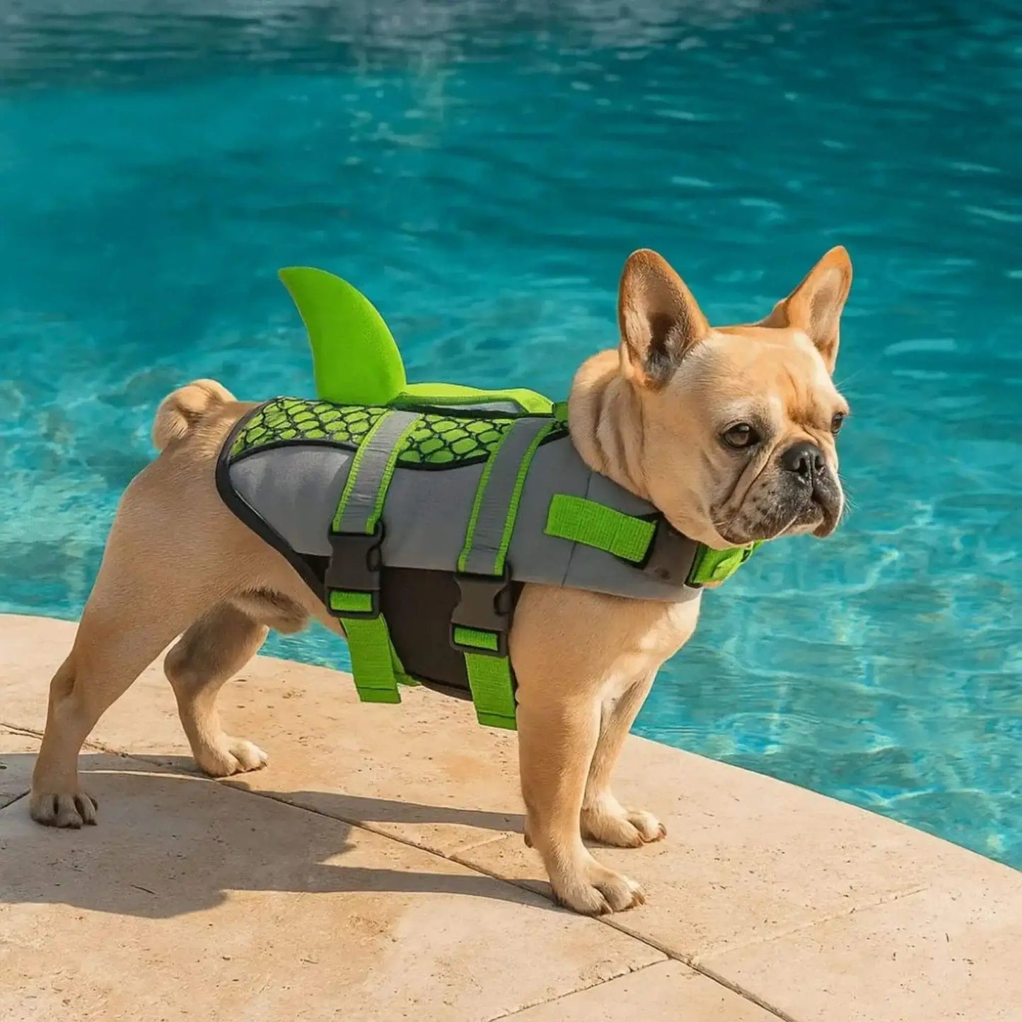 Un bouledogue français fauve sur le bord de la piscine avec son gilet de sauvetage pour chien vert au design requin
