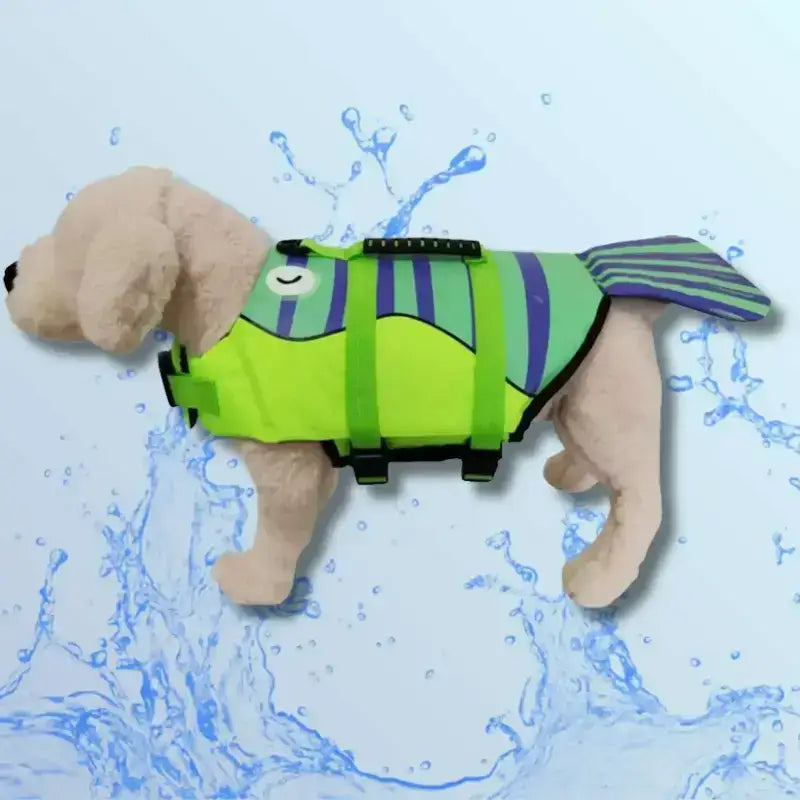 Un gilet de sauvetage pour chiens de couleur vert fluo.