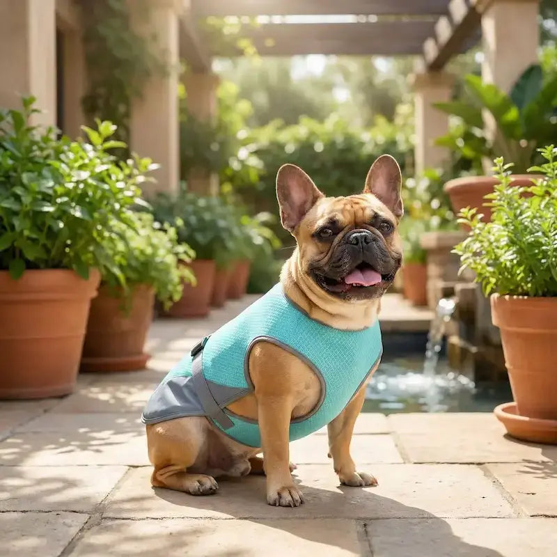 Un bouledogue français assis sur une terrasse avec son gilet rafraichissant pour chien turquoise.