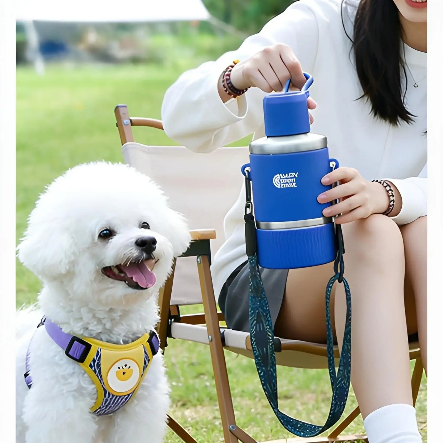 Une femme assise à côté de son bichon frisé tient à la main la gourde pour chien PatteO bleue.